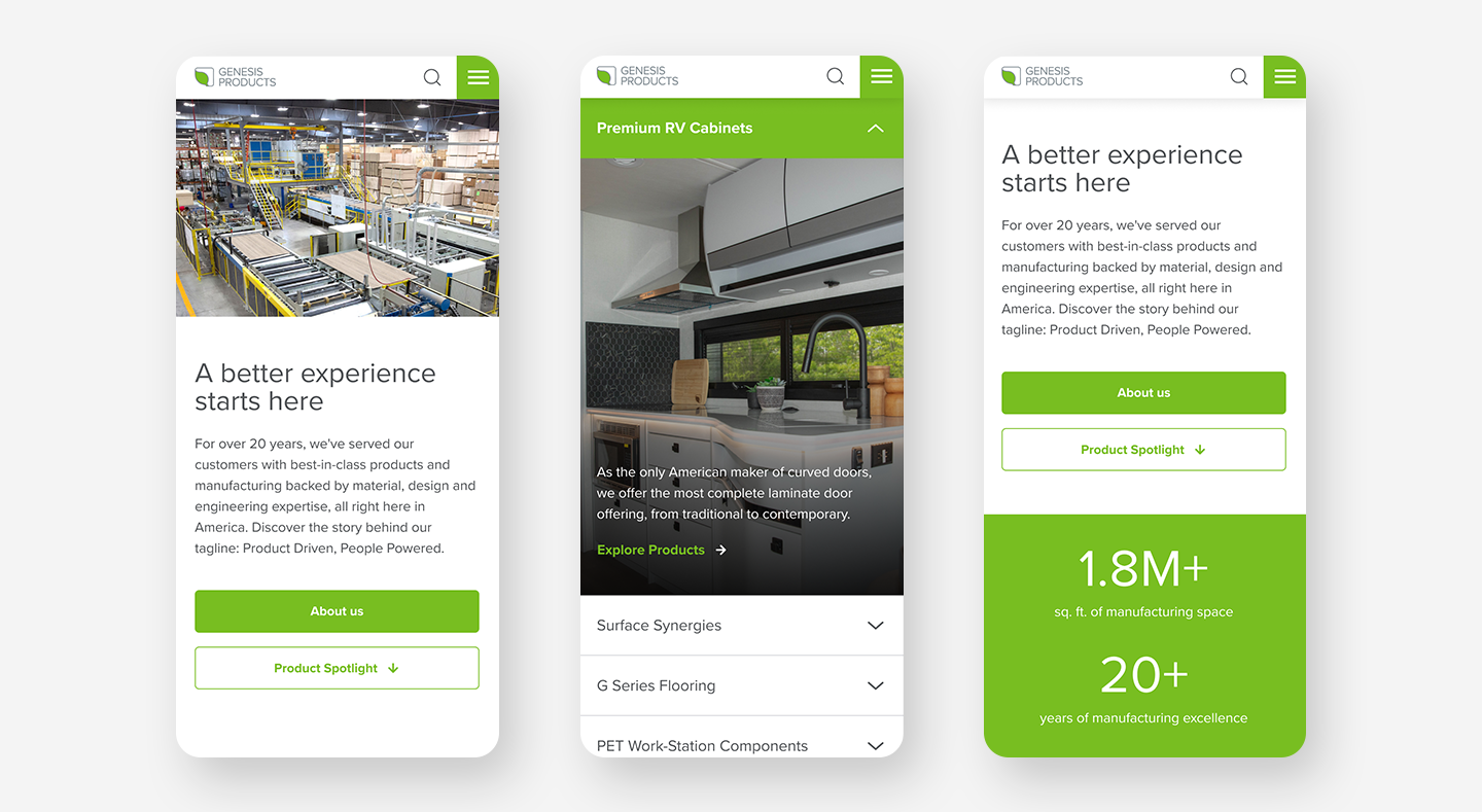 Mobile homepage: about section, product spotlight and proof-point stats